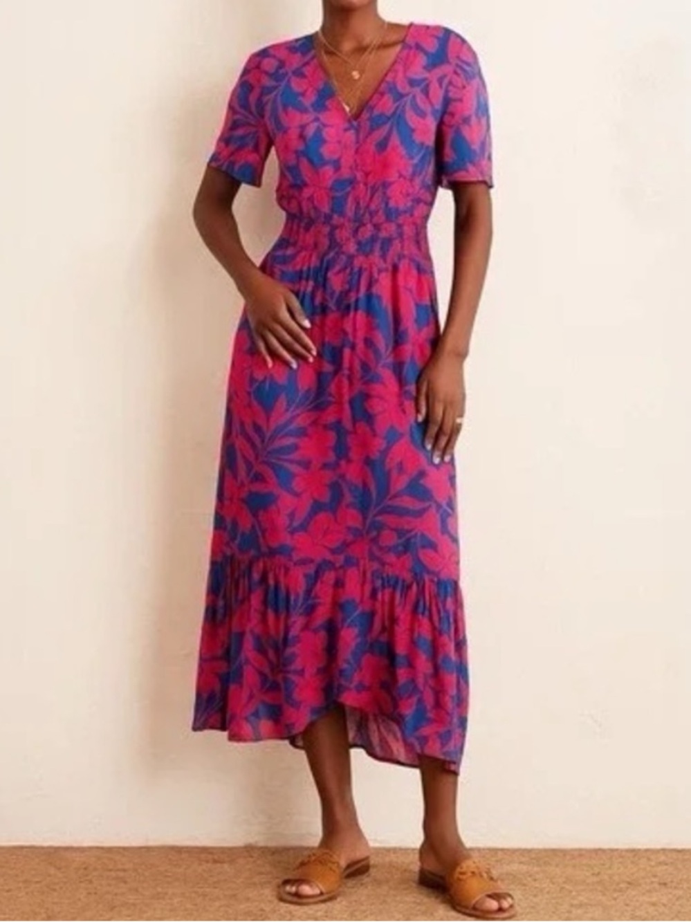 Anthropologie Abel The Label Sz S Cassidy Floral Tropical Blue Pink Mid Dress